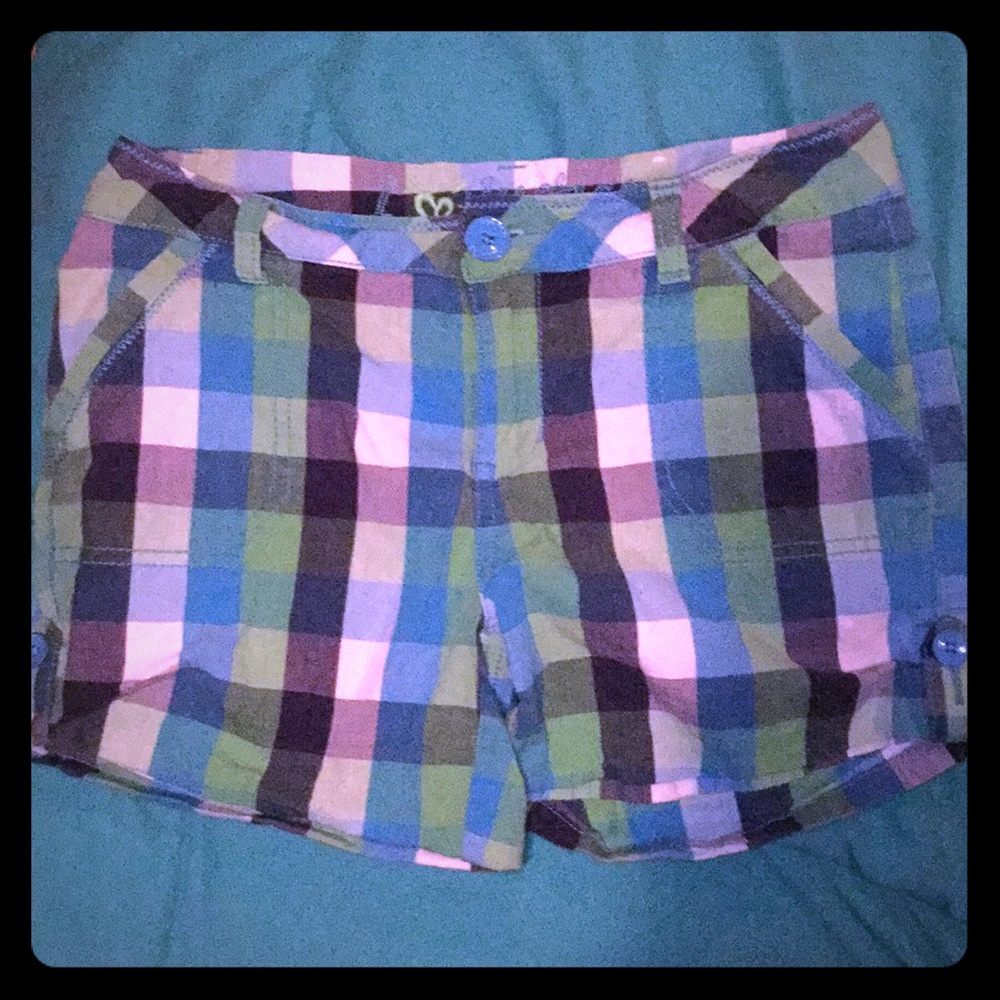 Green, blue, white checkered shorts